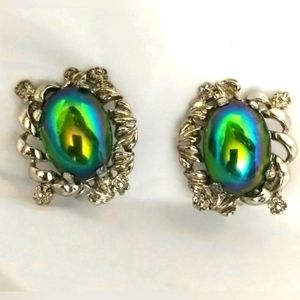 Vtg Blue Green Silver Tone Iridescent Clip Earrings
